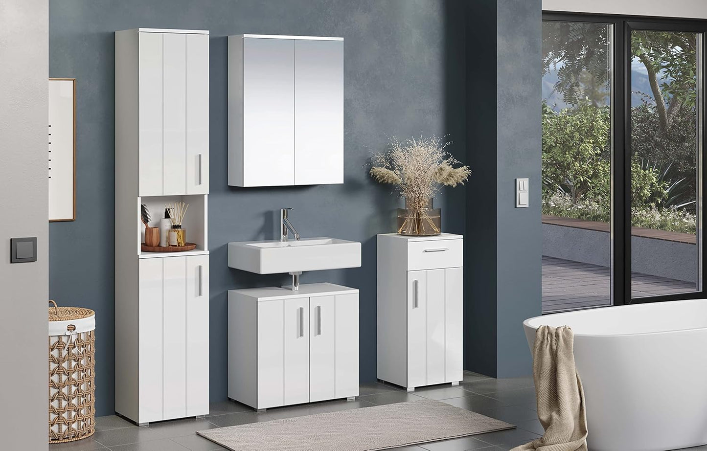 trendteam smart living - Wons - Chest of Drawers - White High Gloss - Timeless Bathroom Cabinet - (W x H x D) 37 x 83 x 31 cm - Bathroom Chest of Drawers with Vertical Milled Door - with