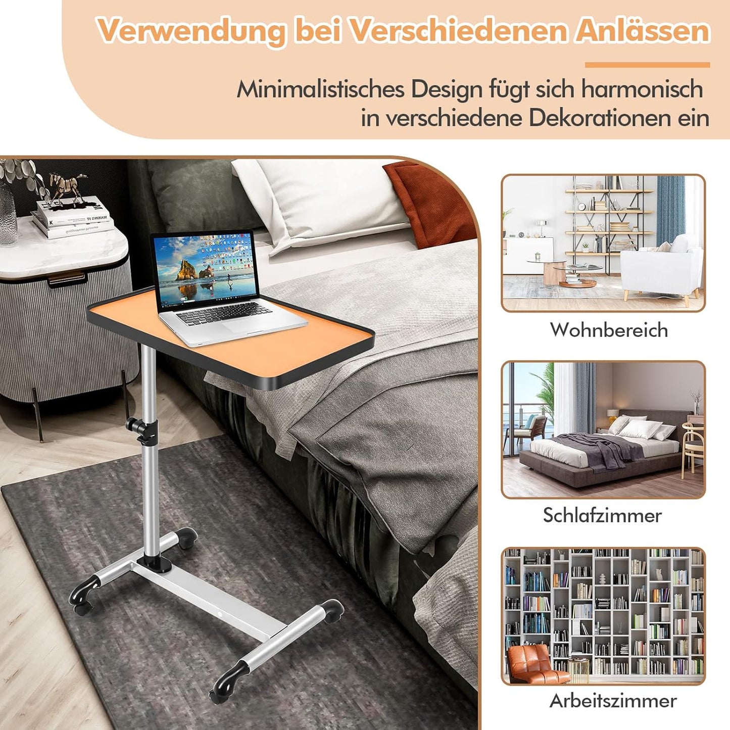 Care Table with Wheels, 52 x 34 x 55-85 cm, Height/Angle Adjustable, Bed Table, Notebook Table, Rolling Table, Side Table with Brakes, Laptop Table, Coffee Table