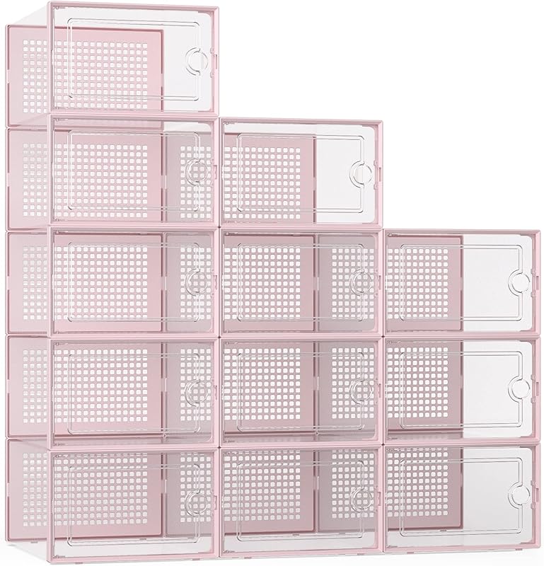 Kuject X-Large Shoe Storage Boxes Organizers Clear Plastic Stackable 12 Pack, Shoe Rack & Holder Substitute, Sneaker Containers, Toy Storage Organizer Bins for Entryway, Closet, Under Bed, Black