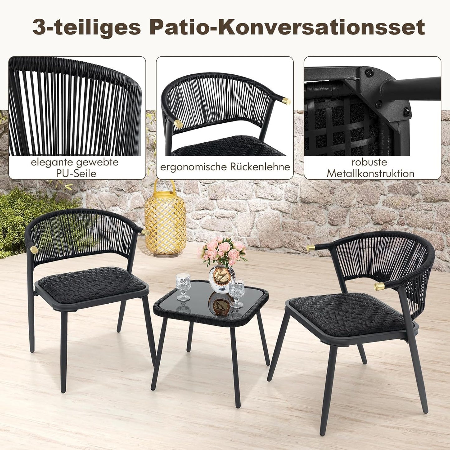 Rattan Garden Furniture Set, Balcony Set with 2 Chairs and Table, Balcony Furniture with Quick-Drying Foam Padding, Rattan Furniture for Small Balcony, Patio Furniture, Garden Furniture