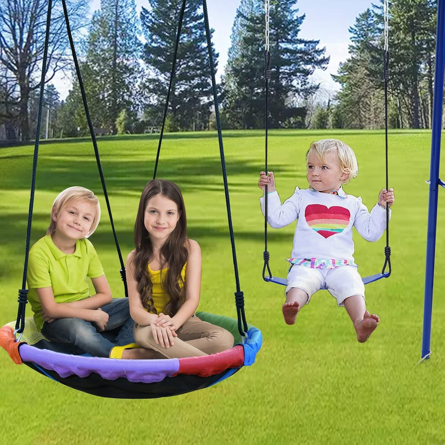 Swing Set for Backyard, 440lbs Swing Set with Heavy-Duty A-Frame Metal Outdoor Swing Stand, 1 Saucer Swing Seat & 1 Belt Swings Seat