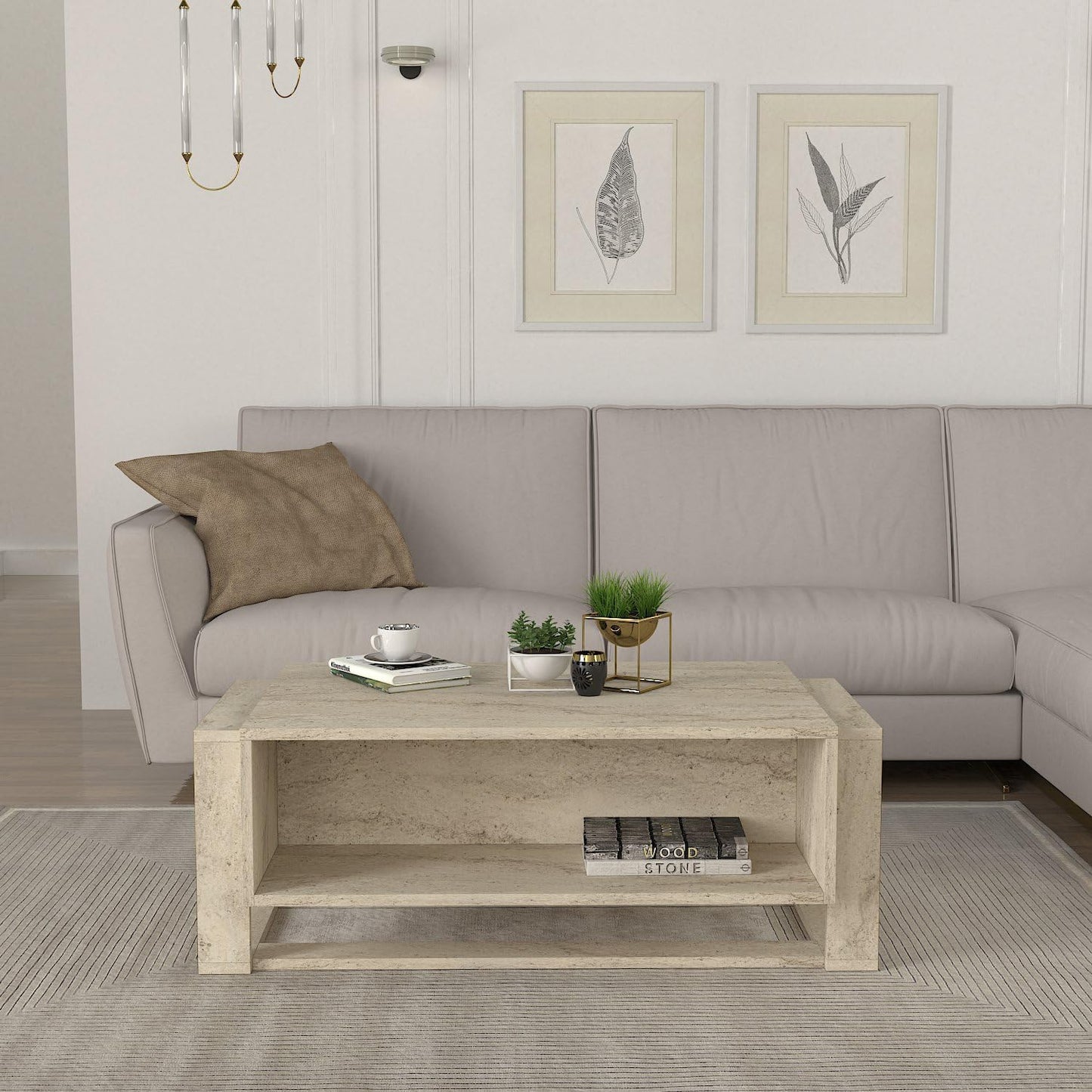 moebel17 2482 Coffee Table Sofa Table Living Room Table for Living Room, Wood, Beige Granite Look, High Gloss, Storage Compartments, Lots of Storage Space, Designer Table, 107 x 41 x 60 cm