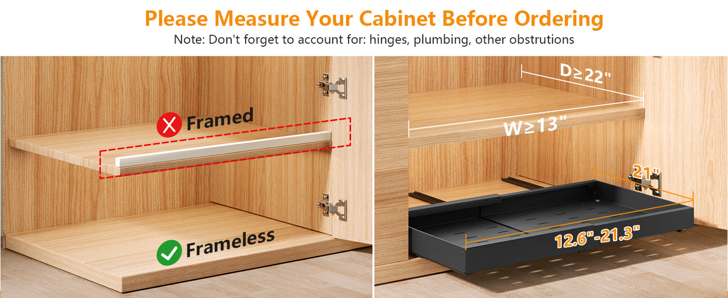 Pull Out Cabinet Organizer 21" Deep Heavy Duty Expandable(12.6"-21.3") Slide Out Drawers for Kitchen Cabinets with Adhesive 1 Pack Adjustable Roll Out Shelf Storage Organization for Pantry Bathroom