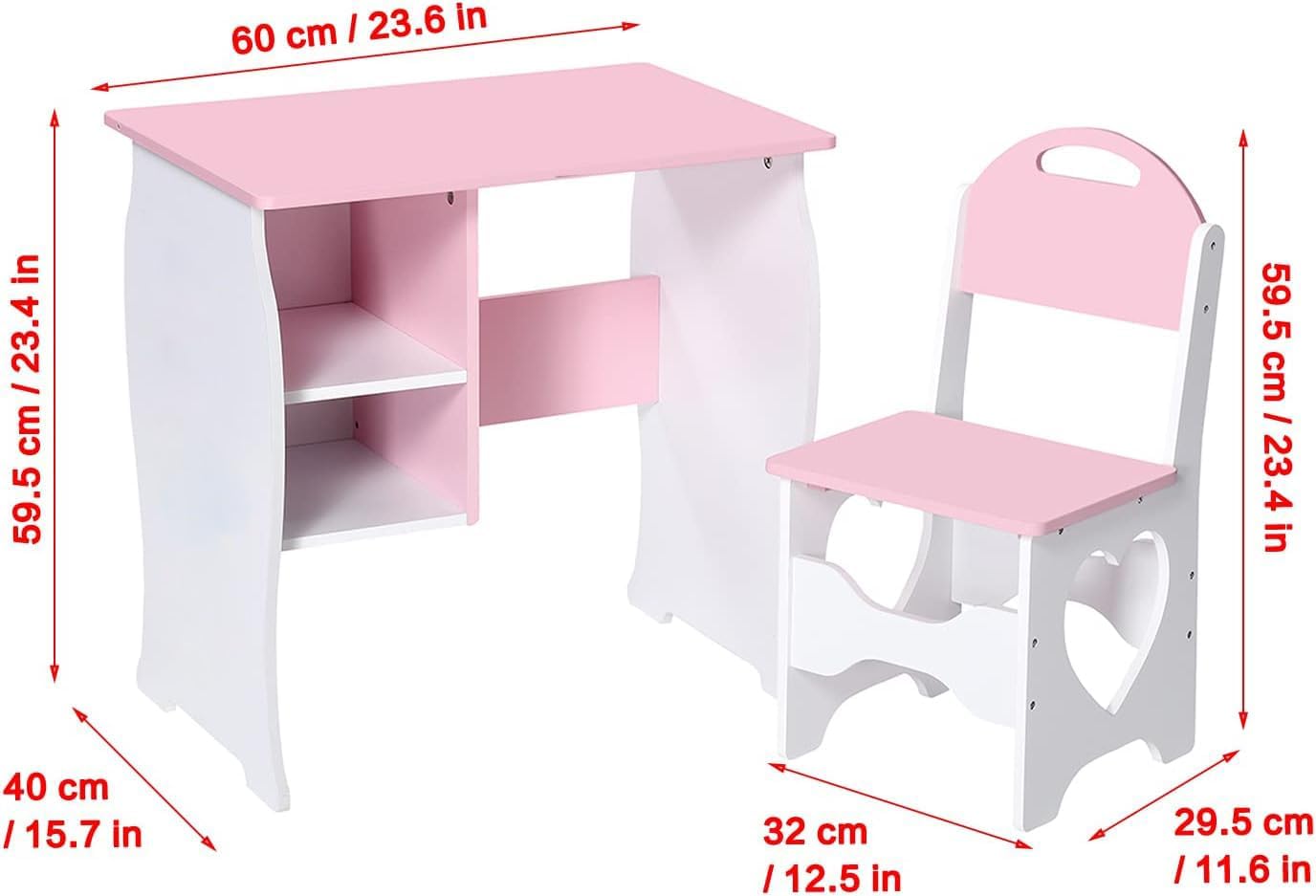 Kids Desk and Chair Set, Children Study Desk with Storage Shelf, Wooden School Study Table, Writing Table for Home School Use(Pink White)