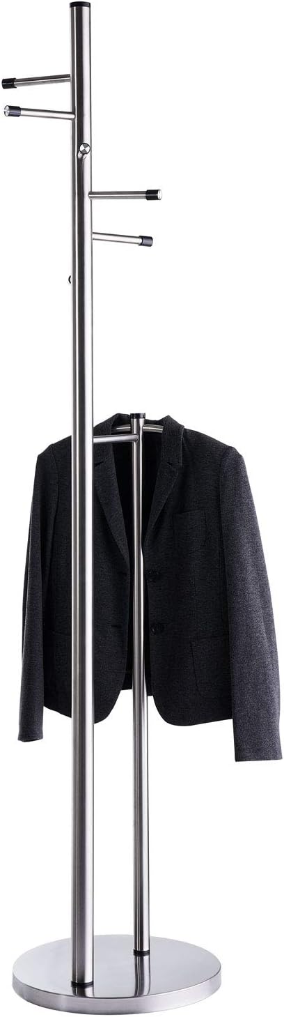 Stainless Steel Coat Stand with 6 Hooks and Separate Hanger, Freestanding, Approx. 47 x 181 cm, Silver, Space Saving