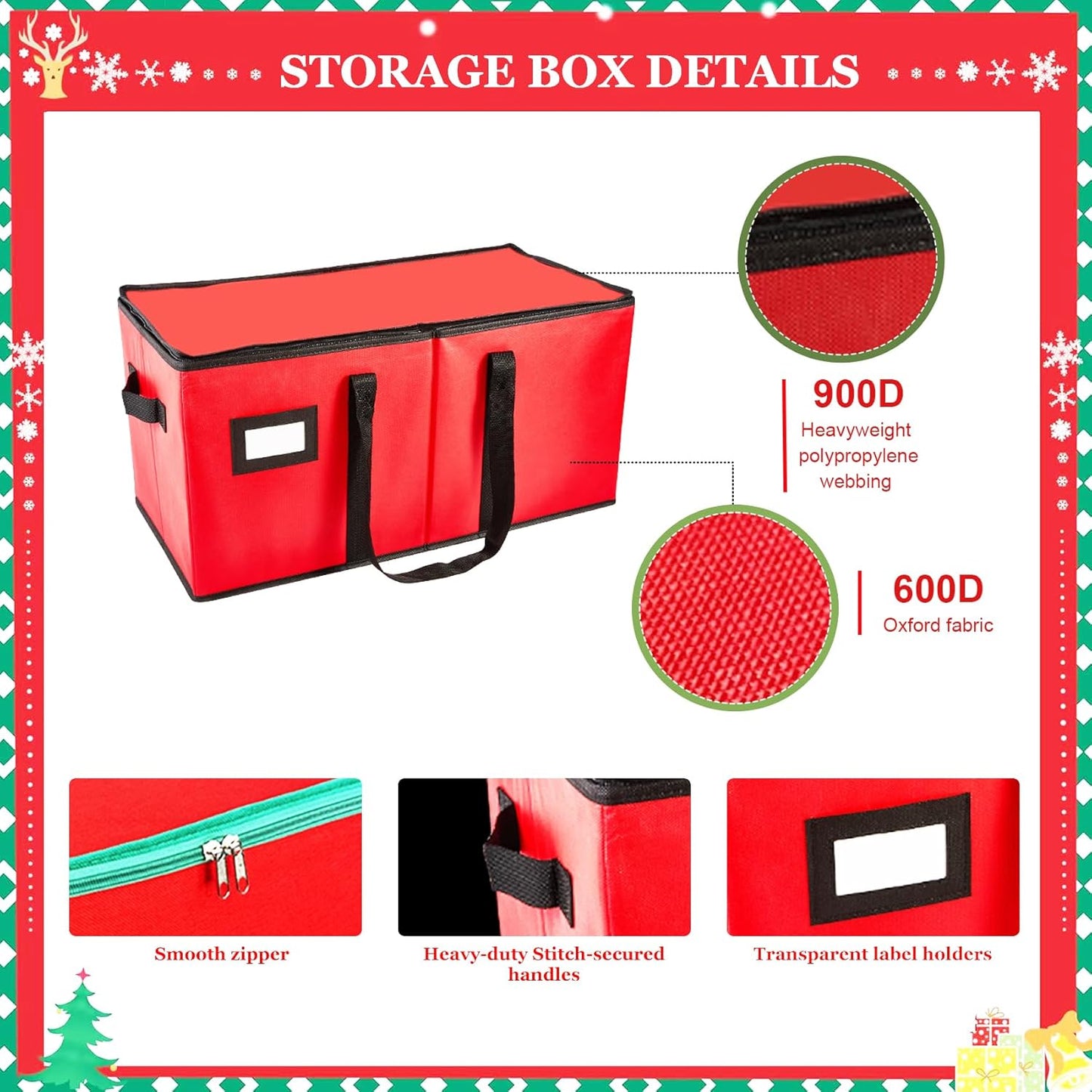 Red Christmas Ornament Storage Box, Ornament Storage Container Keeps 128 Holiday Christmas Ornaments 2.8-Inch, 600D Oxford 24" x 12" x 12" Organizer