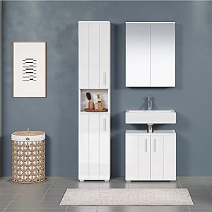 trendteam smart living - Wons - Chest of Drawers - White High Gloss - Timeless Bathroom Cabinet - (W x H x D) 37 x 83 x 31 cm - Bathroom Chest of Drawers with Vertical Milled Door - with