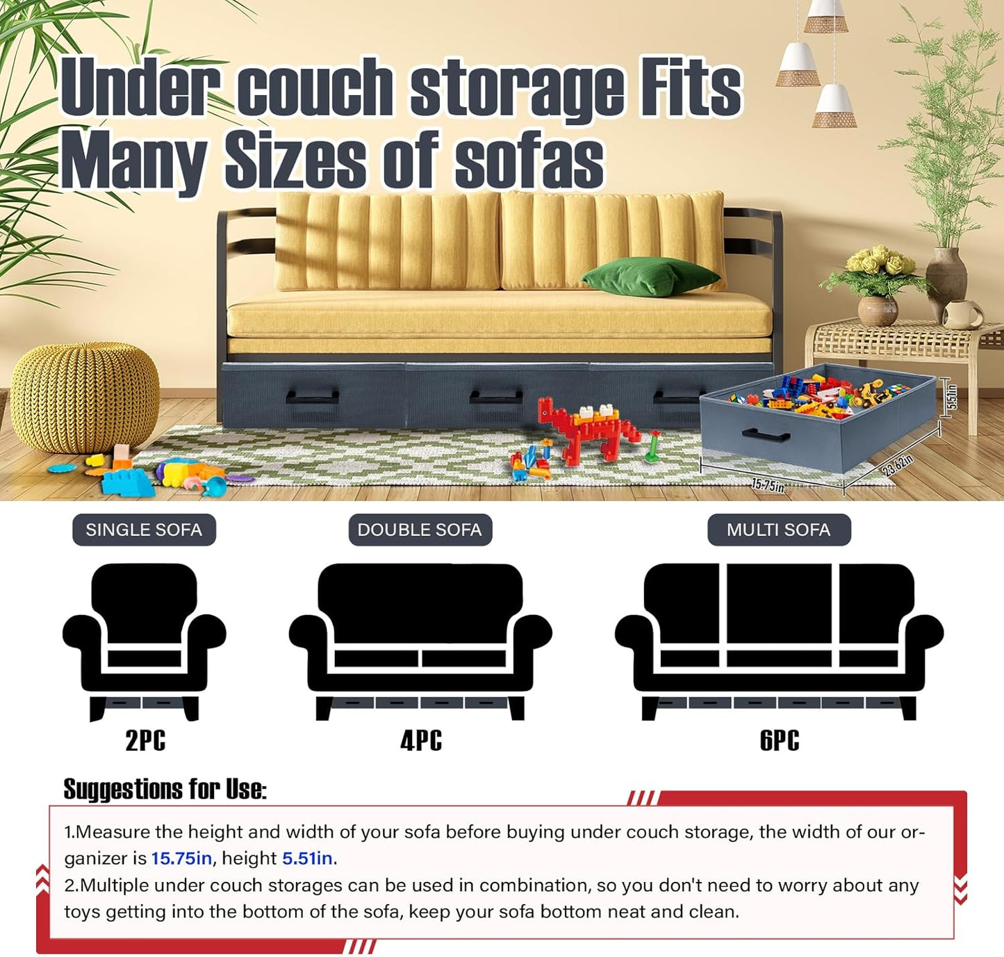 Under Couch Storage, 2 Pack Under Couch Storage Containers,Foldable Under Sofa Storage keeps things out,Under Couch Storage Box for Toys,Blocks,Puzzles,Plush Dolls,Books(23.62*15.75*5.51in)