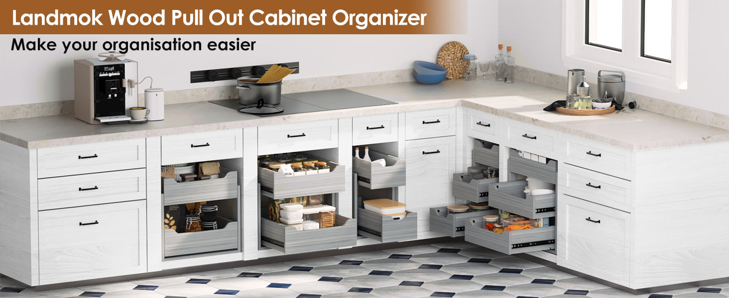 Adjustable Height Wood Pull Out Organizer 7.5” W × 21.5” D Smooth Pull Out Drawers for Cabinets 3 Tier Slide Out Drawers for Kitchen Cabinets Under Sink Wood